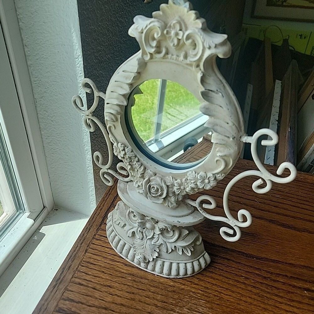 VTG Victorian Style Vanity Table Mirror heavy resin w/ whitewash French Country